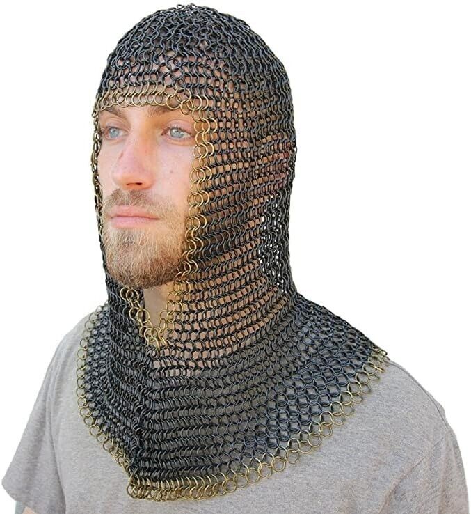 Medieval Warrior Chainmail Two Tone Coif Armor, Black and Gold 18.75 Inches