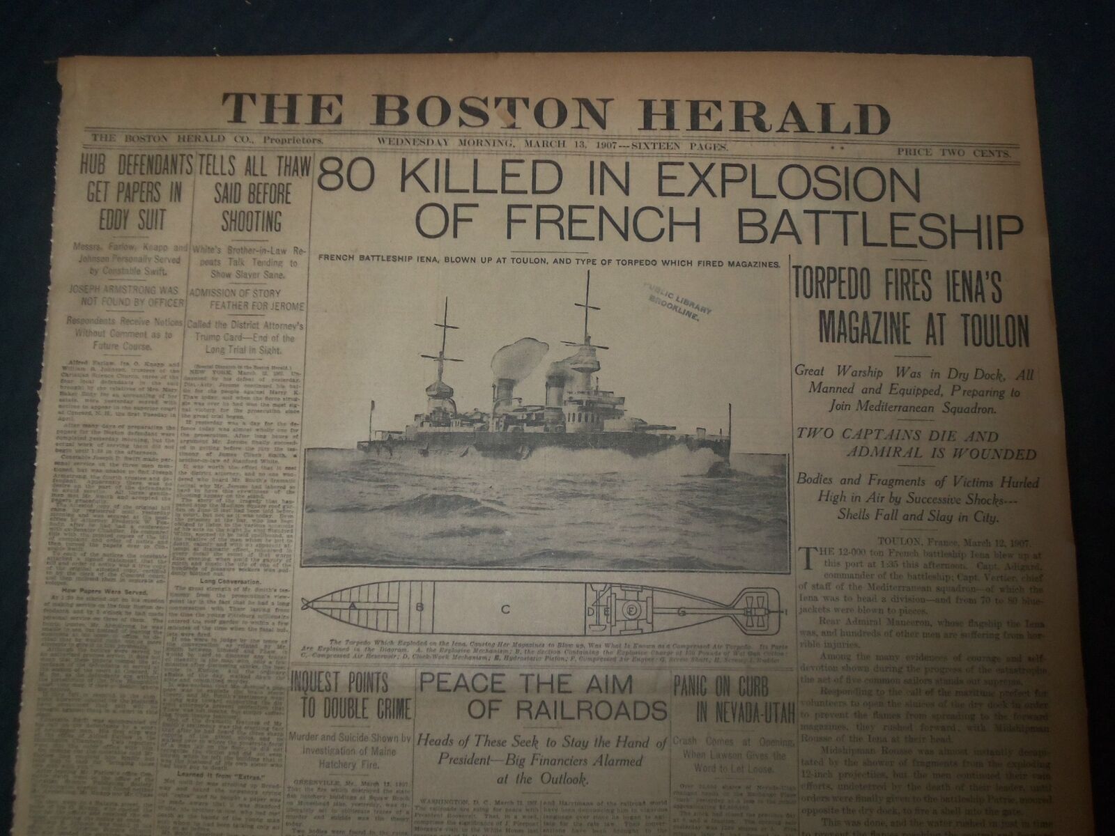 1907 MAR 13 THE BOSTON HERALD-80 KILLED IN EXPLOSION OF FRENCH BATTLESHIP -BH 10