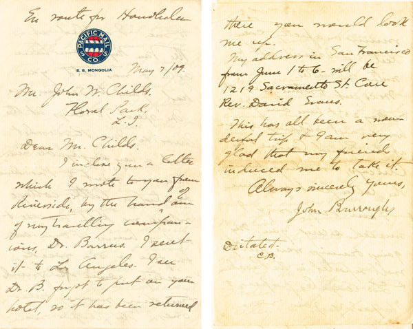 John Burroughs 8 page letter in another hand but autographed by John Burroughs -