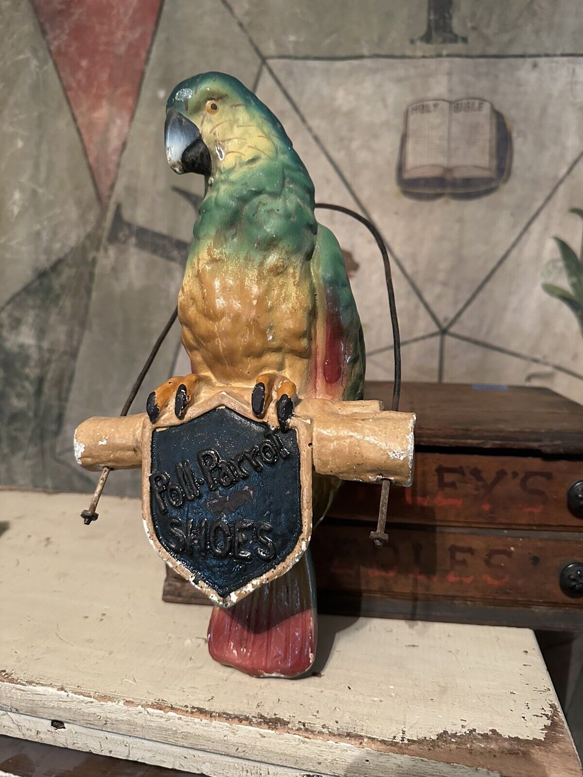 1930s ANTIQUE POLL PARROT SHOES VINTAGE CLOTHING STORE SIGN advertising plaster