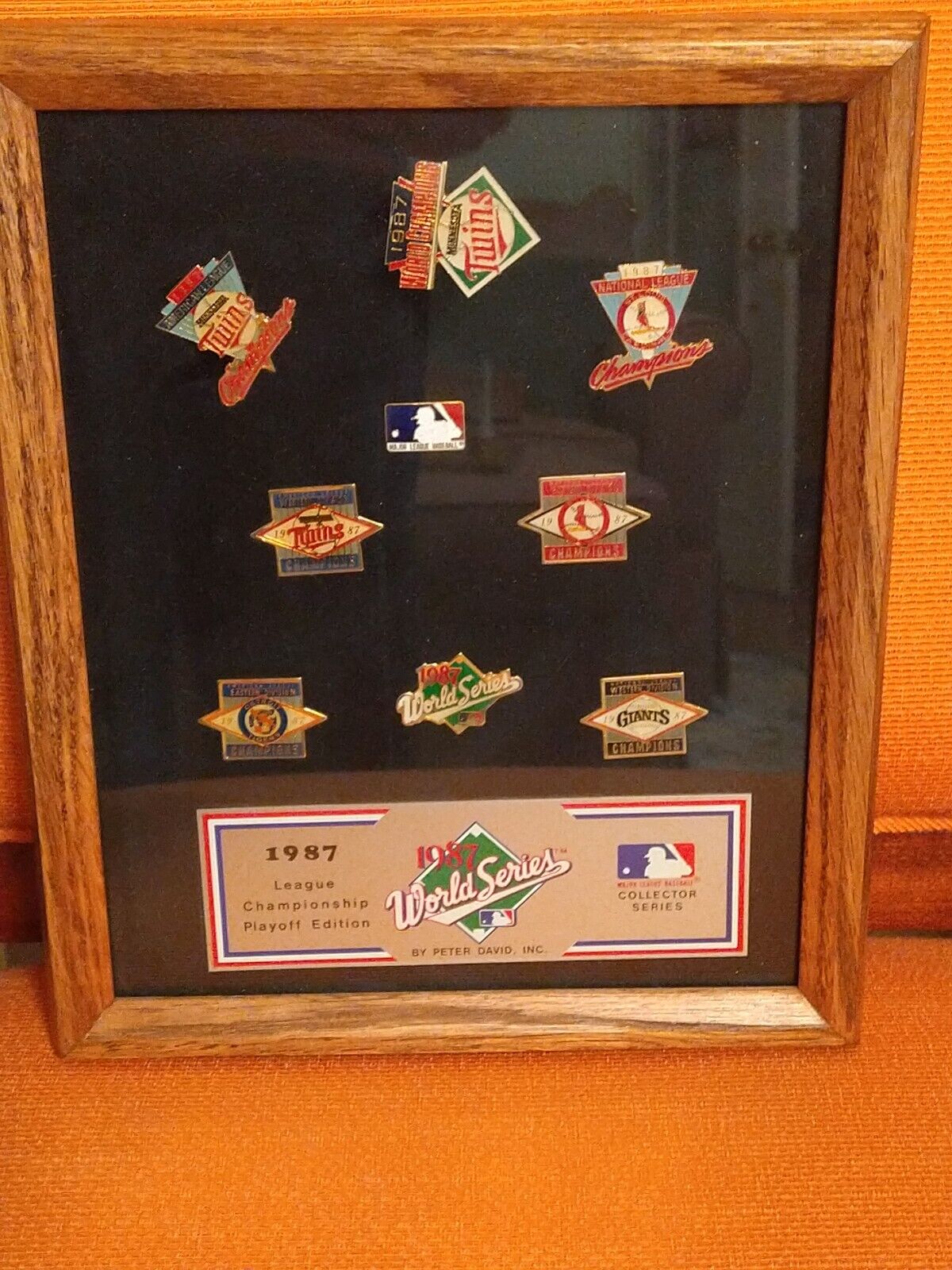 1987 MLB League Champ Playoff Ed/World Series 9 Pin Set, Framed, Twins, Cardinal