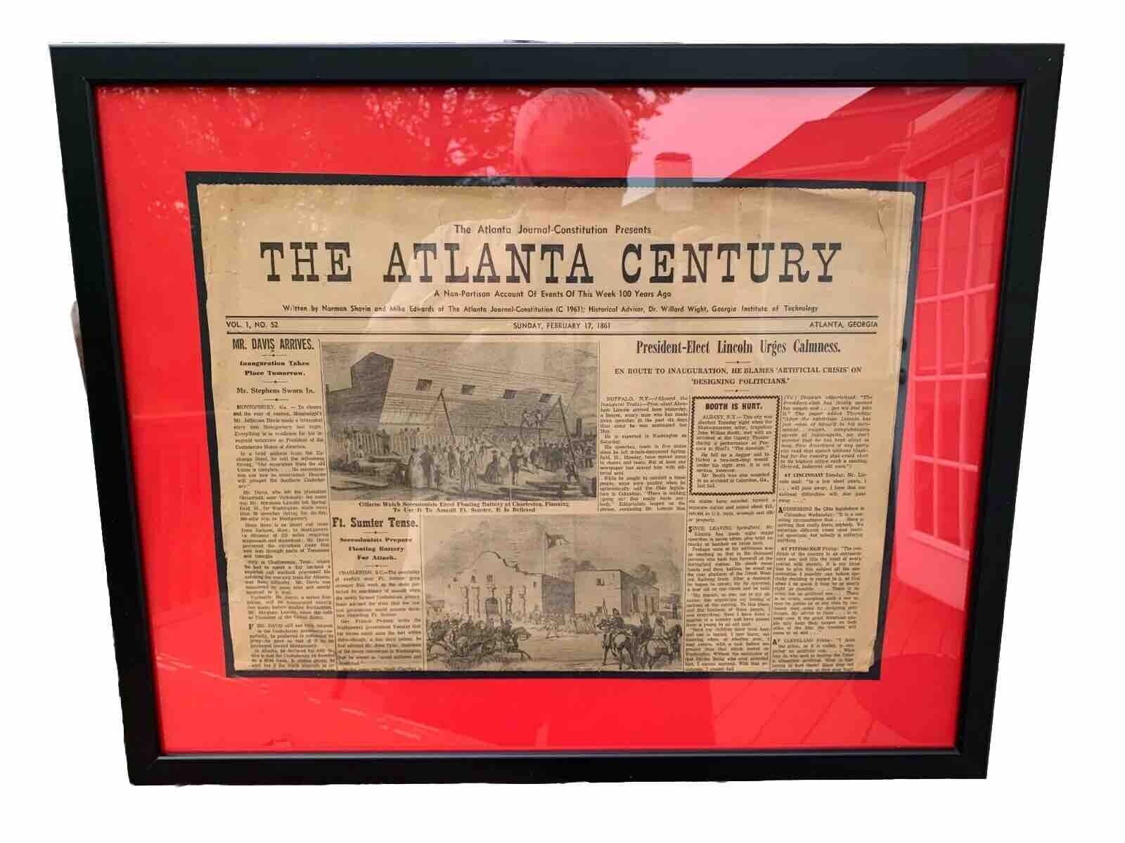 A FRAMED ATLANTA CENTURY REPRINT NEWSPAPER ABOUT PRESIDENT -ELECT LINCOLN