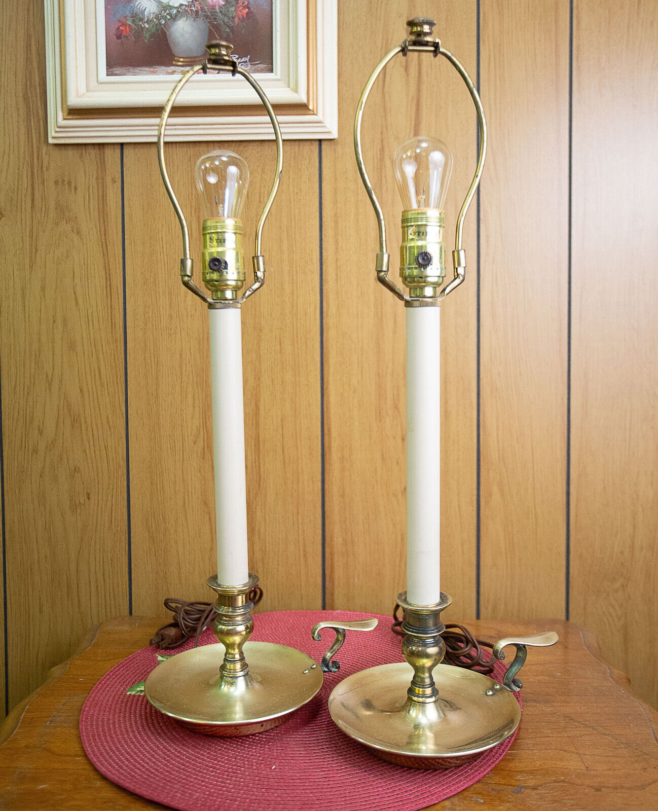 Vtg Stiffel Brass Lamp Candlestick Chamber Lamp Finger Colonial Set of 2