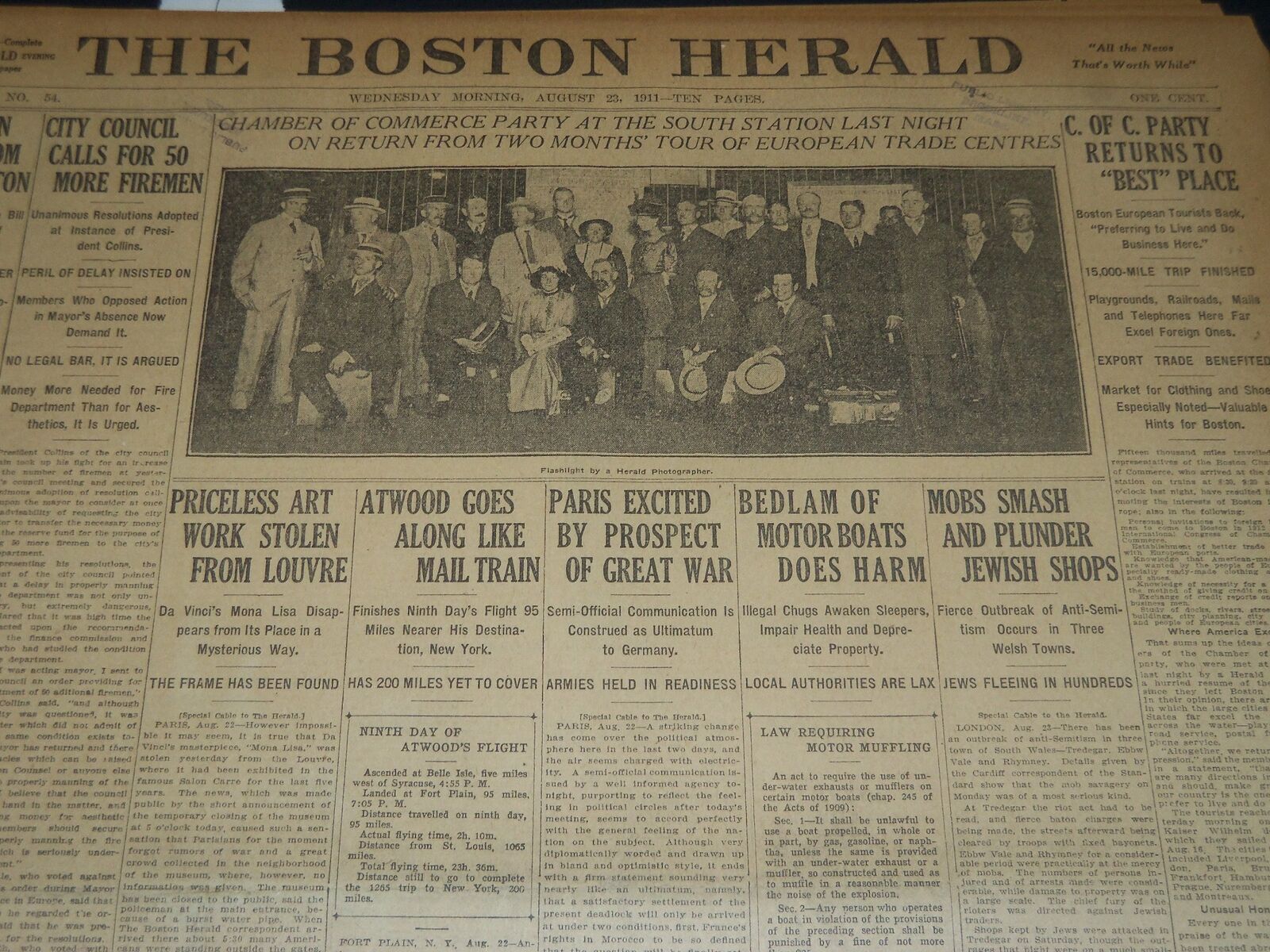 1911 AUGUST 23 THE BOSTON HERALD - MONA LISA STOLEN - CY YOUNG DEBUT - BH 310
