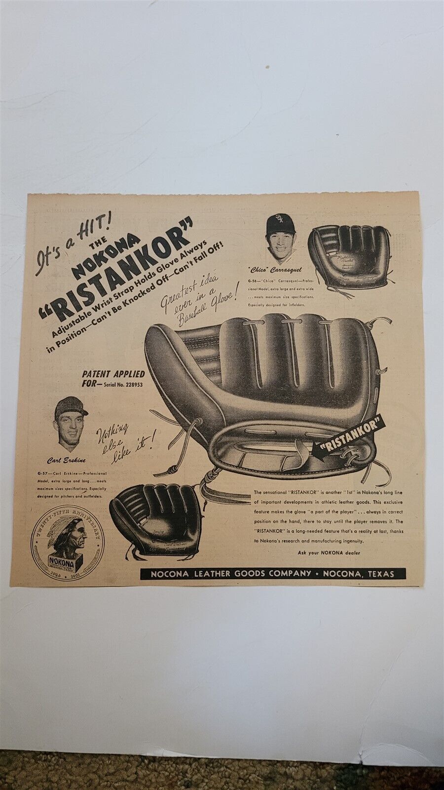 Carl Erskine Chico Carrasquel 1952 Nokona Ristankor Ad Baseball Glove