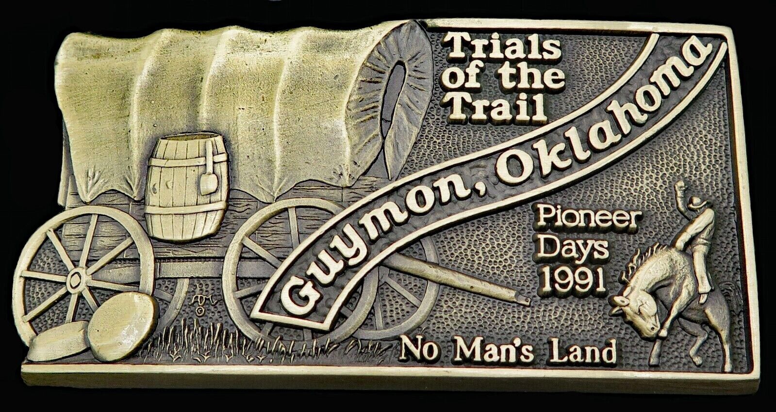 1991 Pioneer Days Guymon Oklahoma No Mans Land Covered Wagon Vintage Belt Buckle
