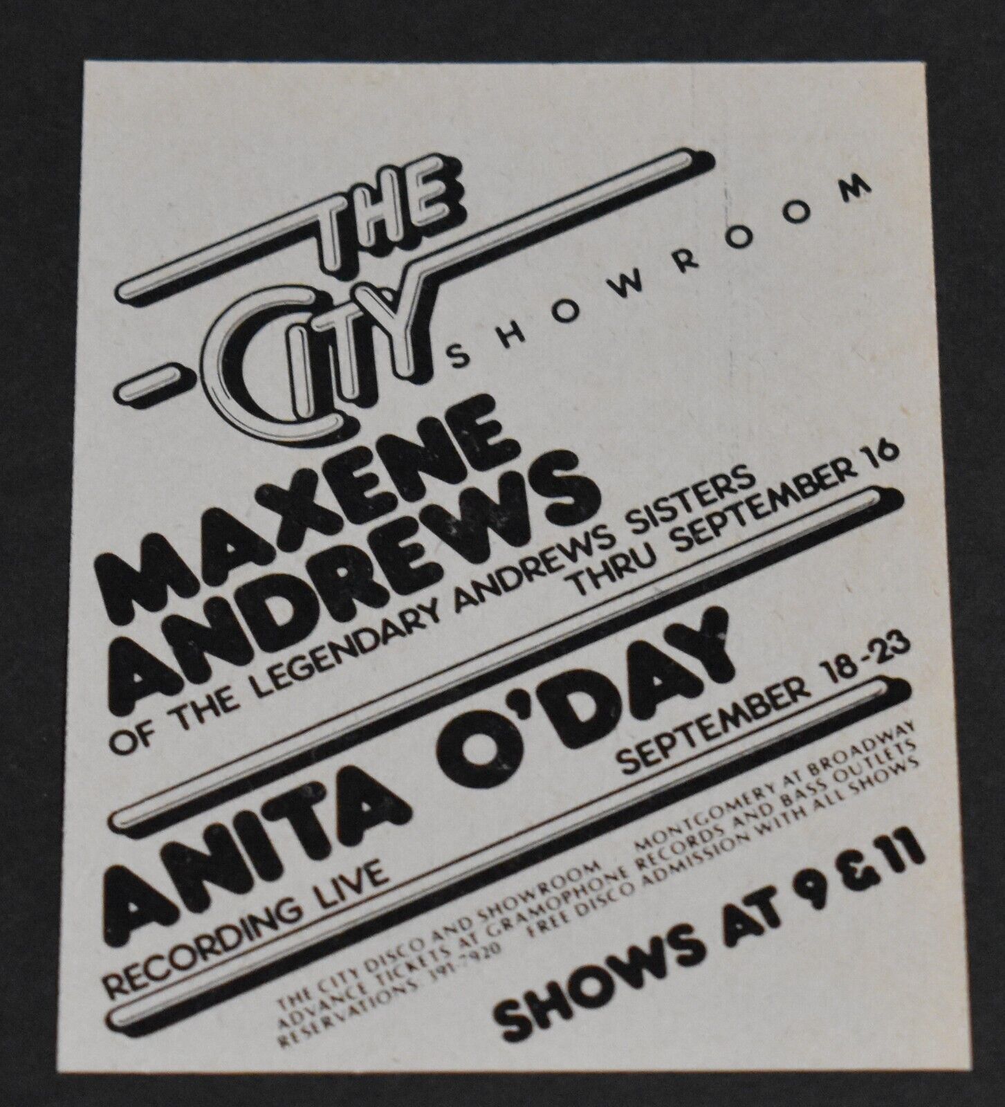 1979 Print Ad San Francisco The City Showroom Maxene Andrews Anita O\' Day Art