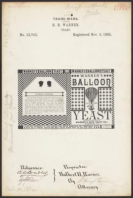 Photo:Trademark registration by H. H. Warner for Balloon brand Yeast