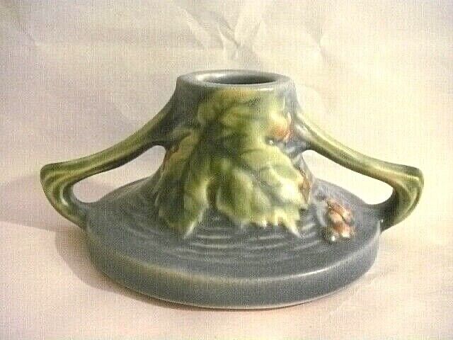 ROSEVILLE BUSH BERRY HOLLY CANDLE HOLDER 1941 BLUE GREEN ART POTTERY 2\