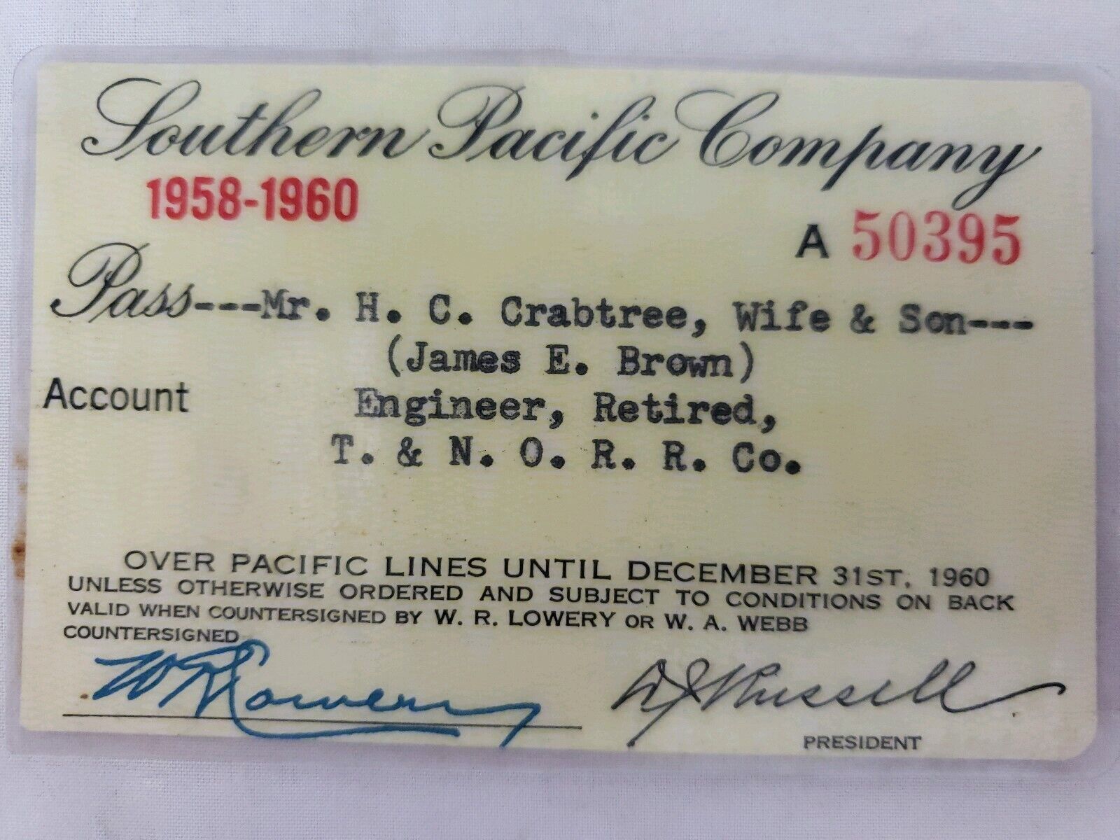 Vintage 1958-60 Railway Lineman Employee Pass Southern Pacific Railroad Company