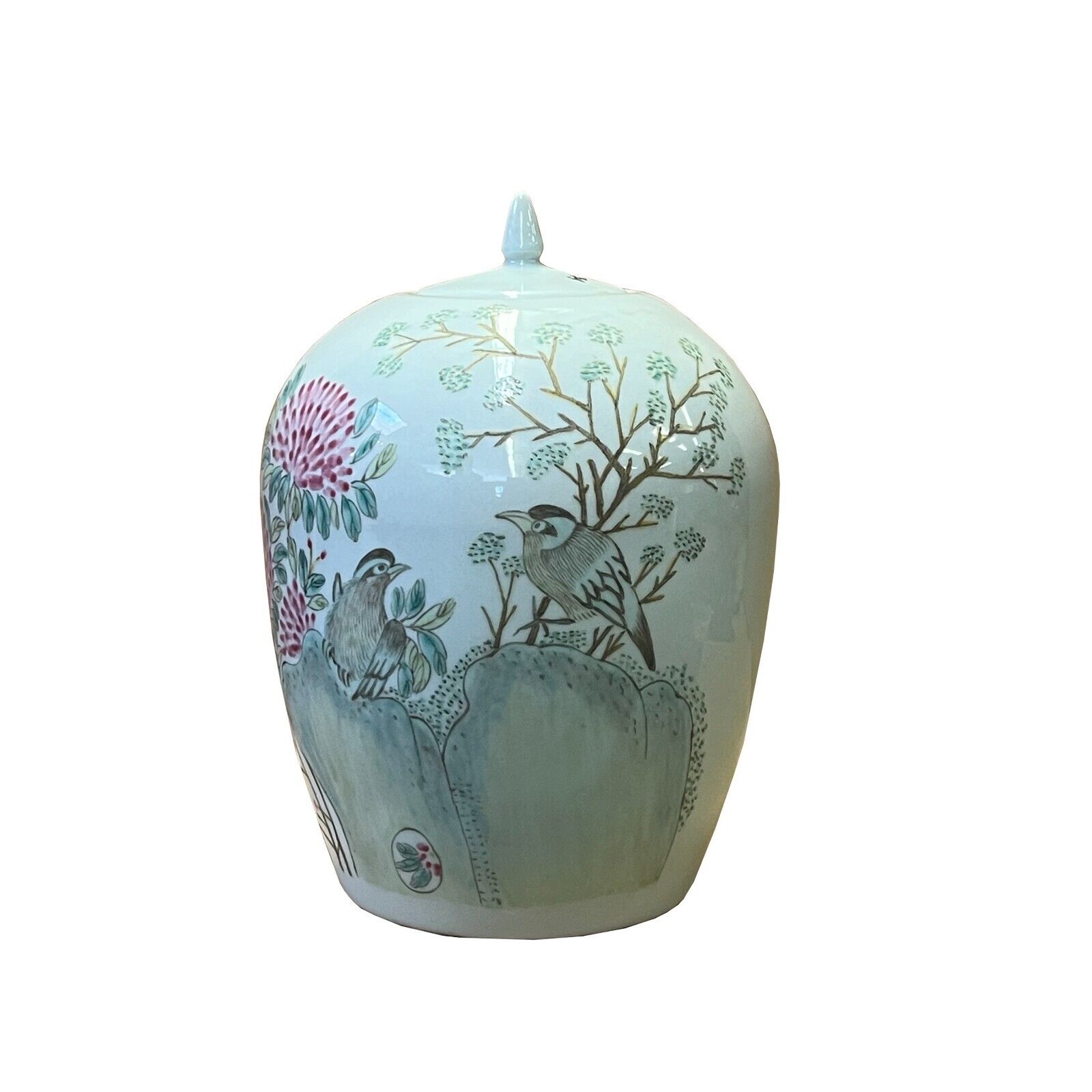 Oriental Distressed Marks Off White Flower Birds Porcelain Oval Jar ws2612