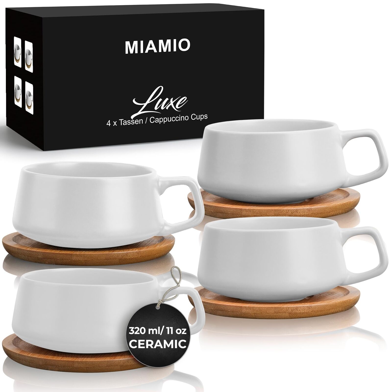 MIAMIO – 11 Oz., Set of 4 Ceramic Tea Cup and Saucer Bamboo/Tea 320 ml, White 