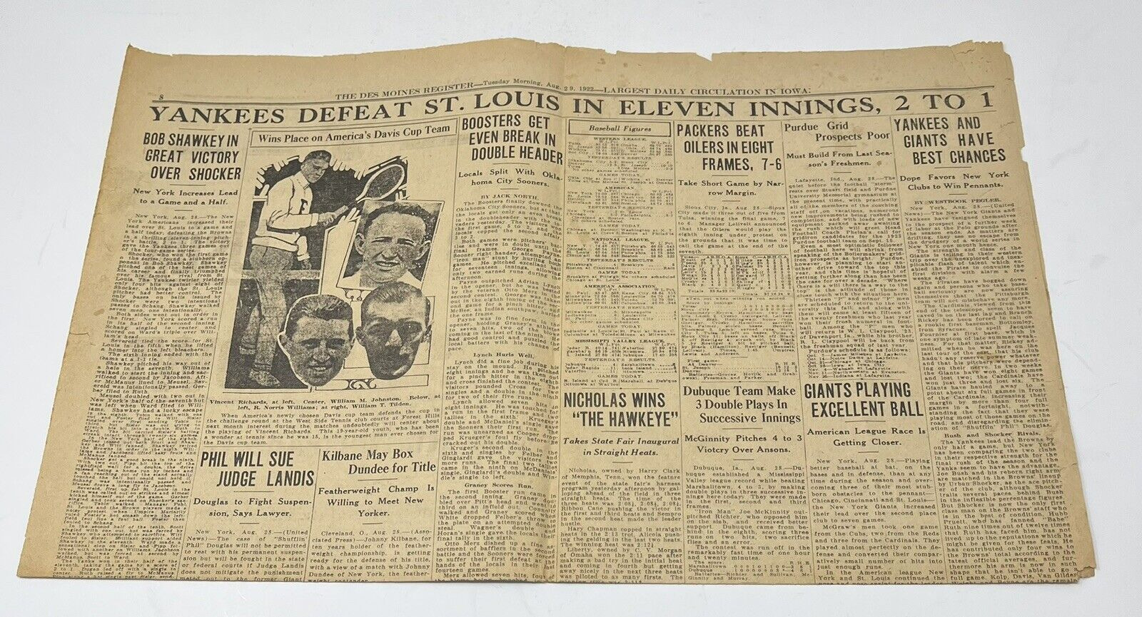1922 Des Moines Register Sports Page Yankees St. Louis Bob Shawkey Packers