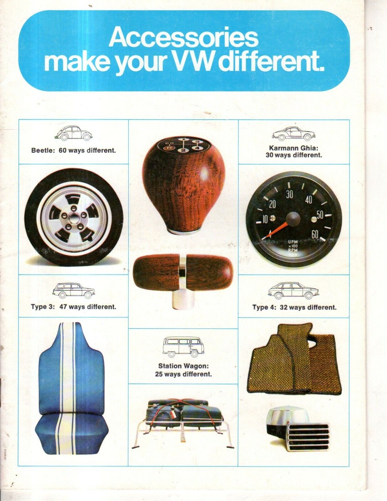 1971 VW Accessories catalog - Beetle, bus, Karmann Ghia; Squareback - 60 items