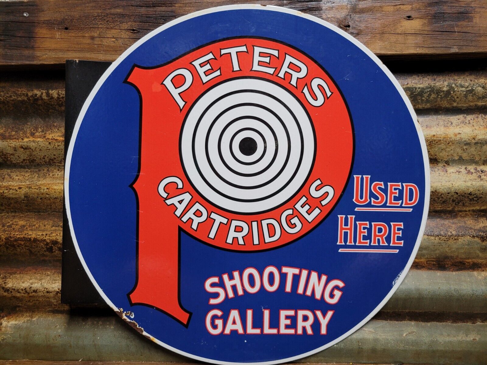 VINTAGE PETERS CARTRIDGES PORCELAIN SIGN FLANGE GUN AMMO RIFLE SHOOTING GALLERY