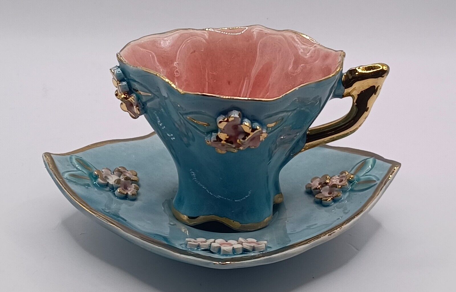 Vintage Dainty Ornate 3 Dimensional Flowers Turquoise Pink Lil' Cup & Saucer Set