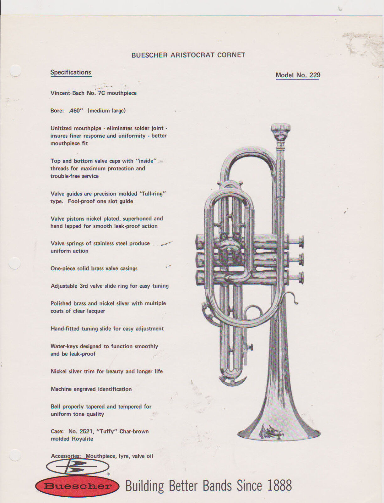 VINTAGE AD SHEET #2519 - 1970s BUESCHER MUSICAL INSTRUMENT - ARISTOCRAT CORNET