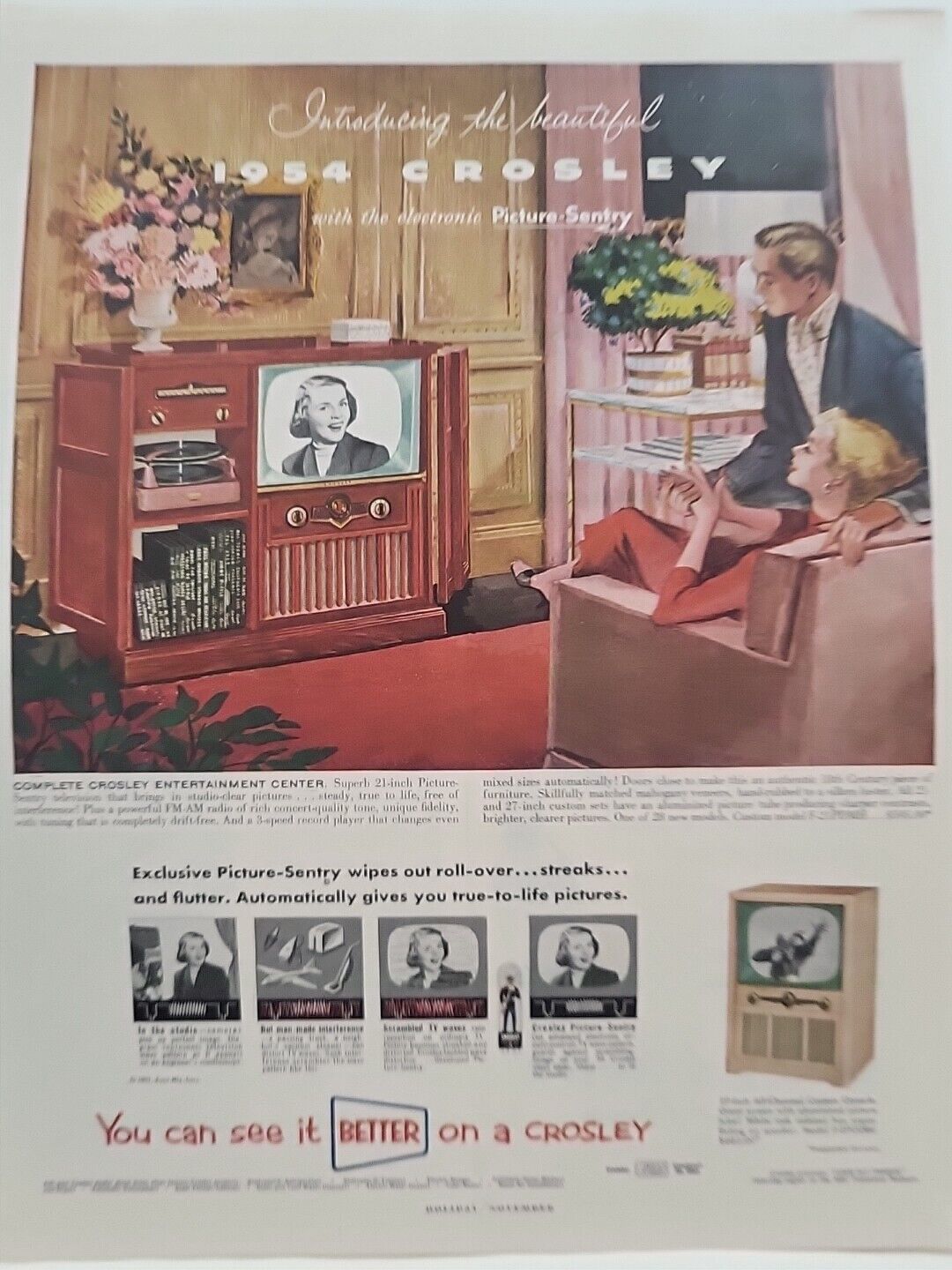 1953 Crosley Entertainment Center Holiday Print Ad Television Turntable Sentry