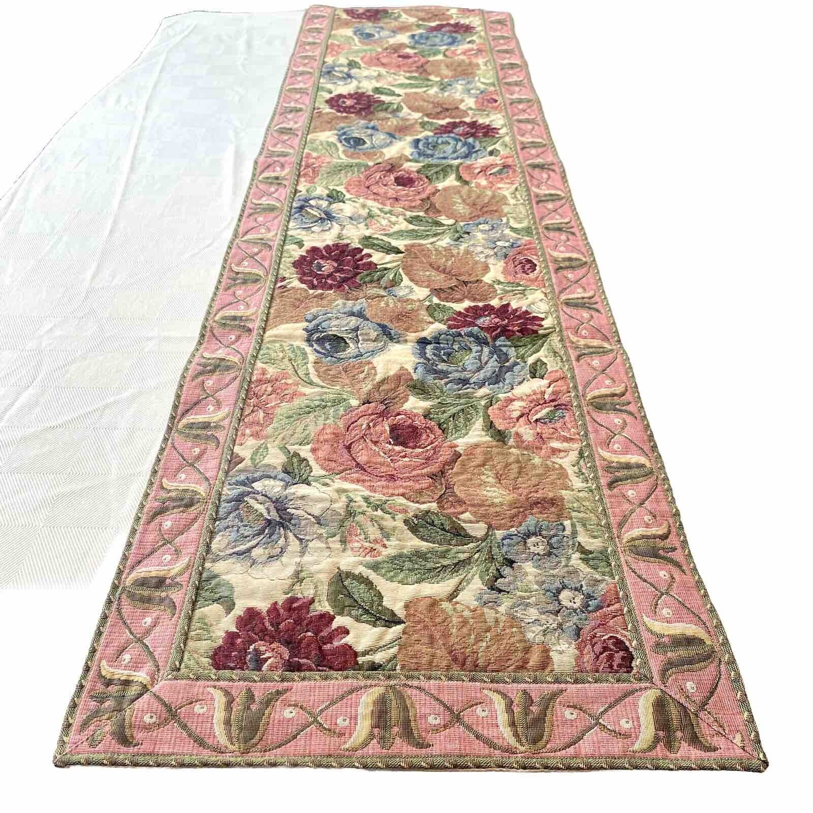 Vtg Tapestry By Renaissance Woven Art Table Runner Floral Spring Cotton Made USA