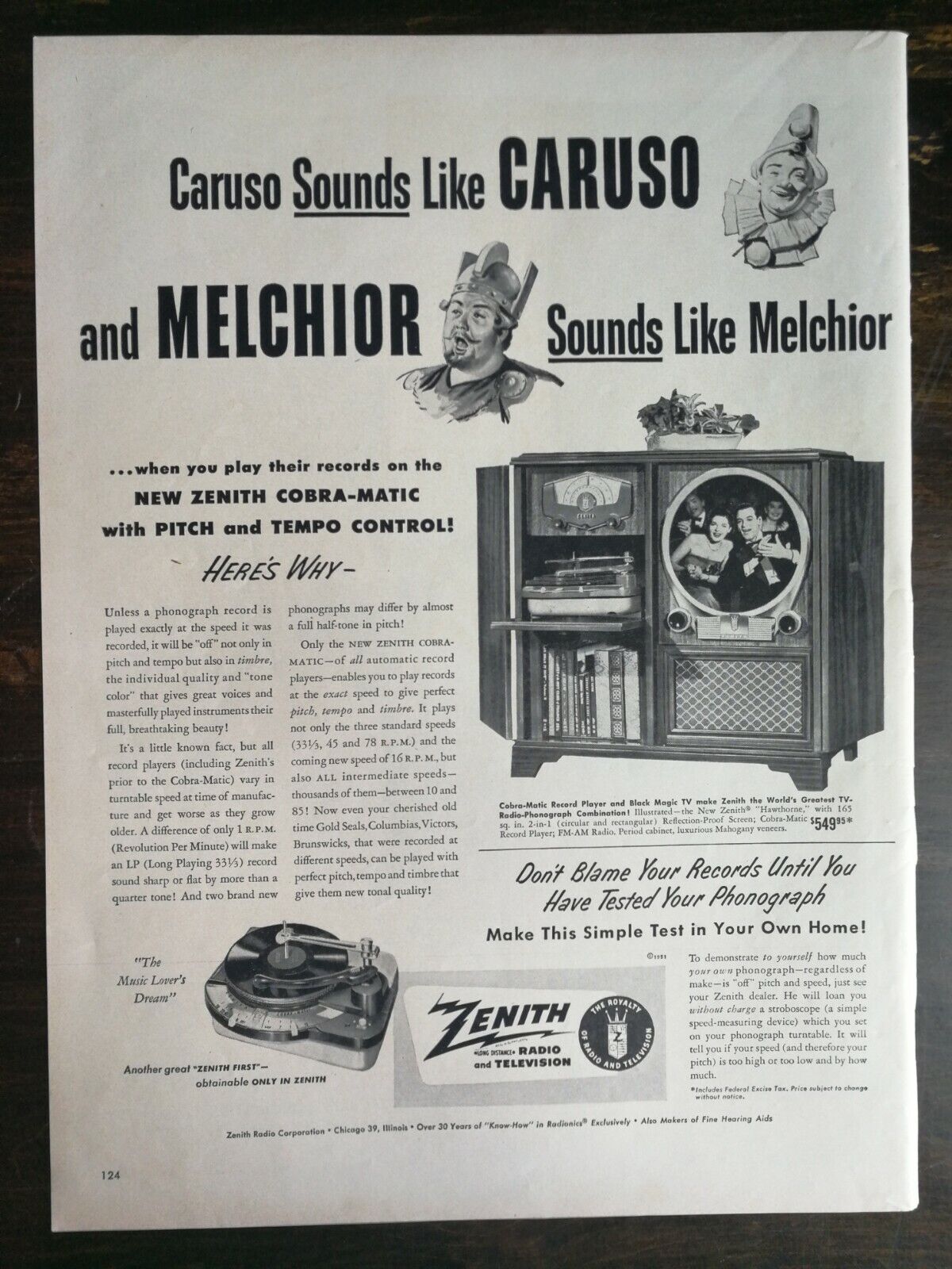 Vintage 1951 Zenith Cobra-Matic Record Player & Black Magic TV Original Ad 721