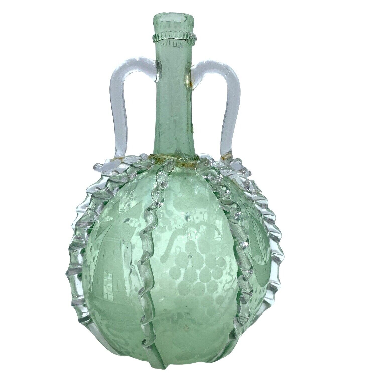 Glass Decanter Double Handle Rippling Decoration Etched Hand-Blown Artisan Vinta