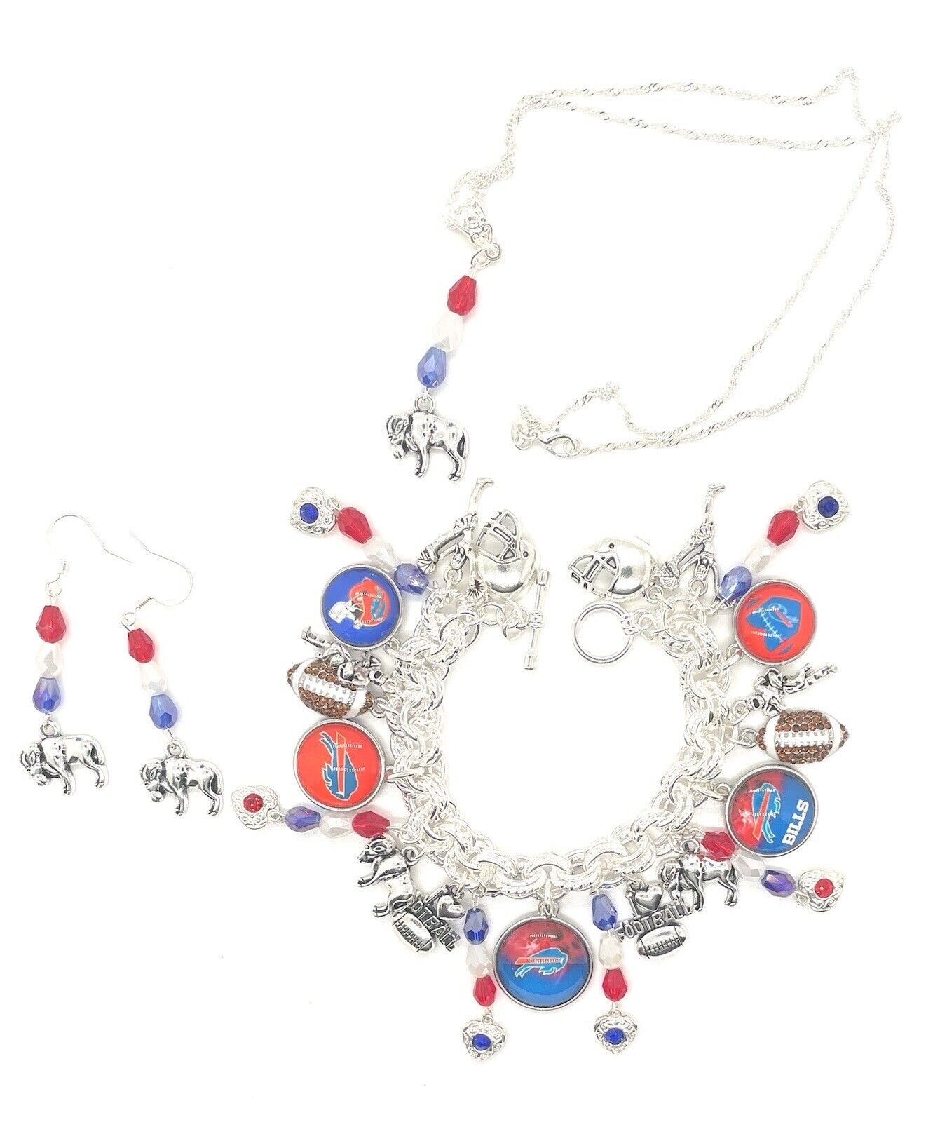 Buffalo Bills New Jewelry Set. Charm Bracelet, Necklace & Earrings.