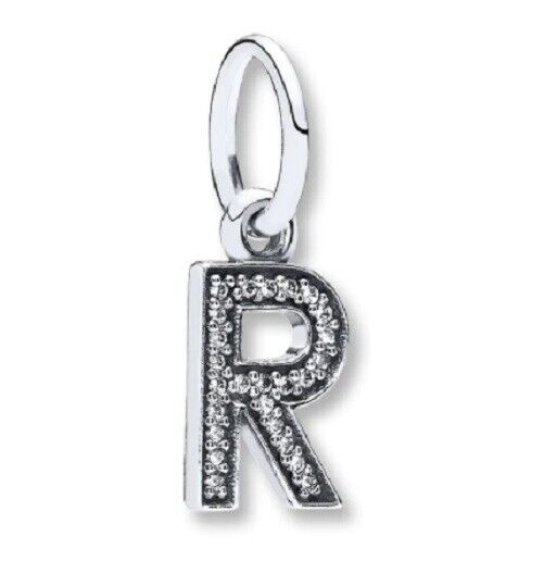 New Sterling Silver Pandora Initial Letter R Dangle Clear CZ Charm Bead  w/pouch