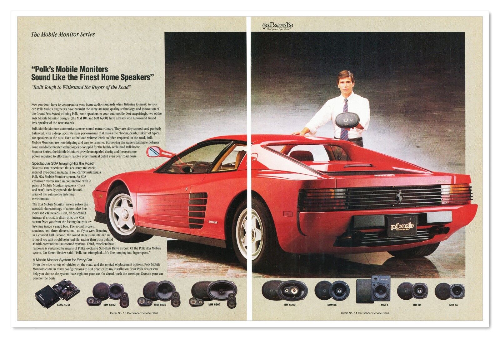 Polk Audio Speakers Ferrari Testarossa Vintage 1989 2-Page Print Magazine Ad