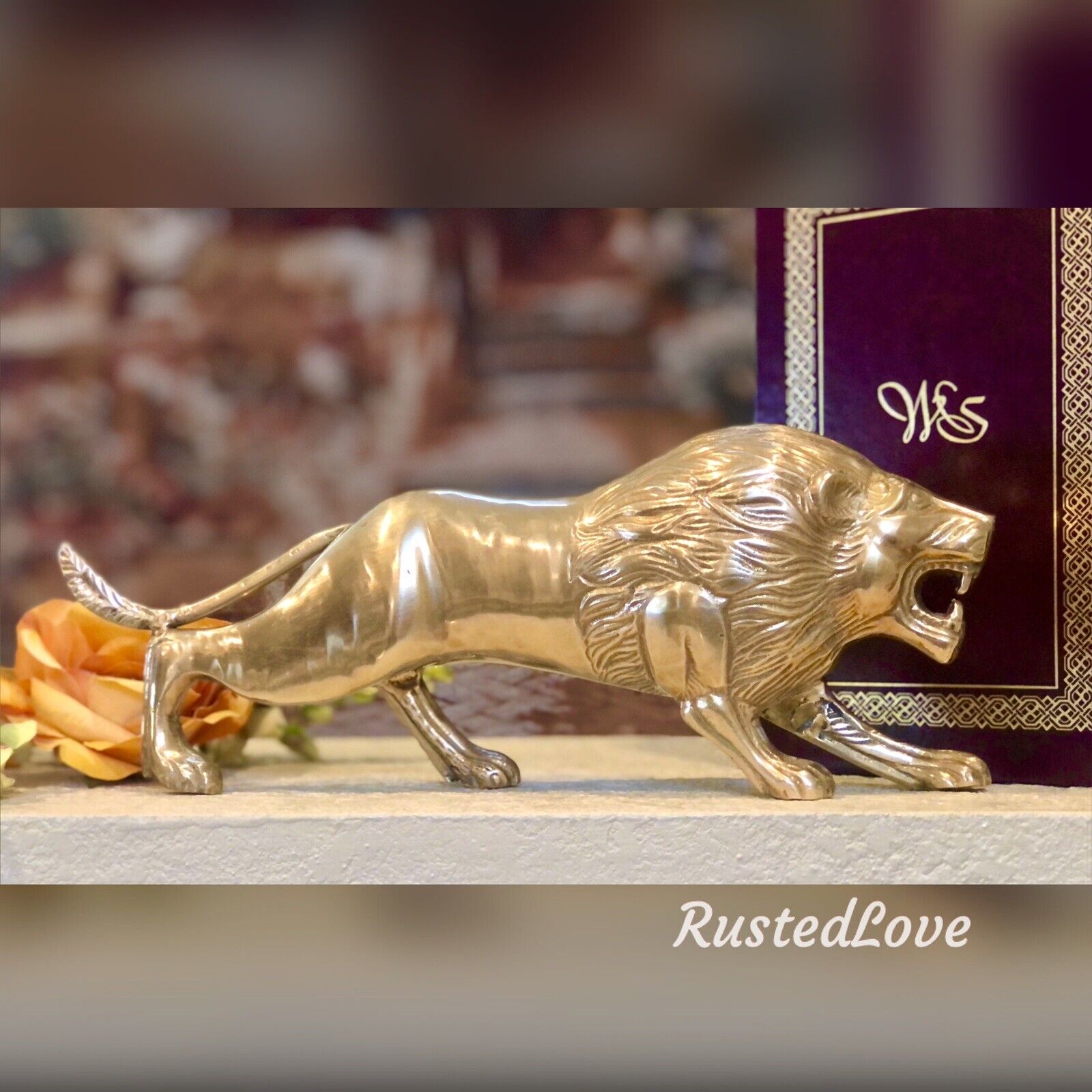 Vintage Solid Brass Lion Statue Roaring African Cat Polished 13\