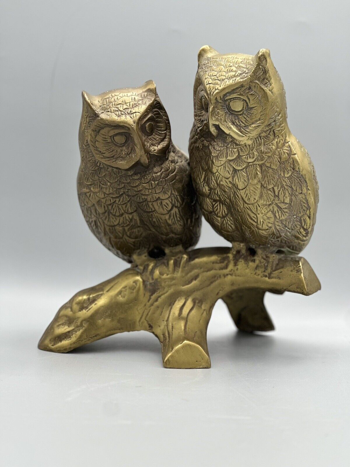 Vintage Large Mid Century Brass Two Owls On A Branch Statue Figurine Heavy