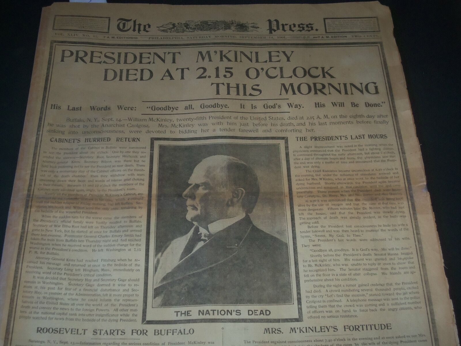 1901 SEPT 14 PHILADELPHIA PRESS NEWSPAPER - PRESIDENT M'KINLEY DIED - NT 7335