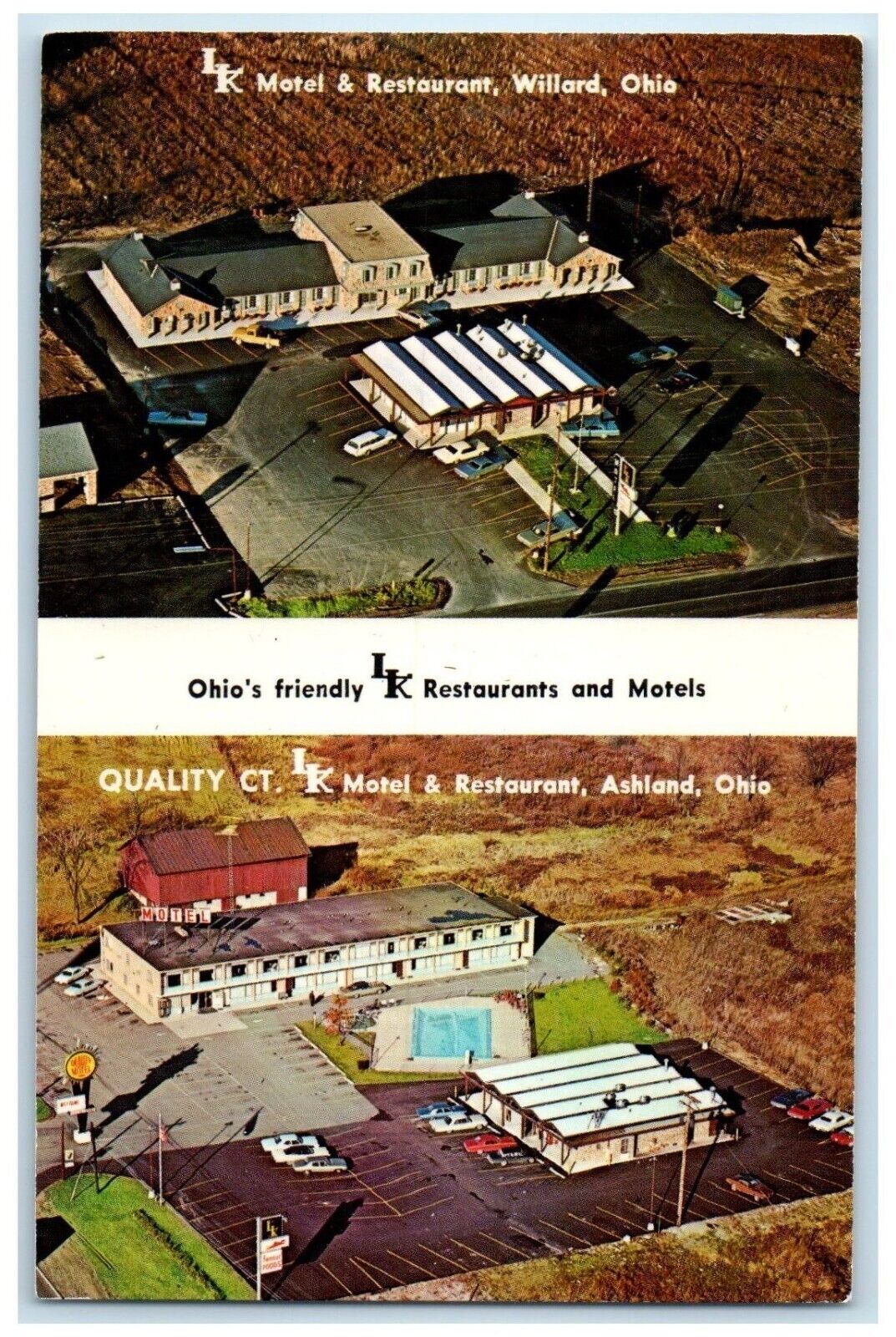 c1950\'s LK Motel & Restaurant Willard Ohio OH Pool Cars Dual View Postcard