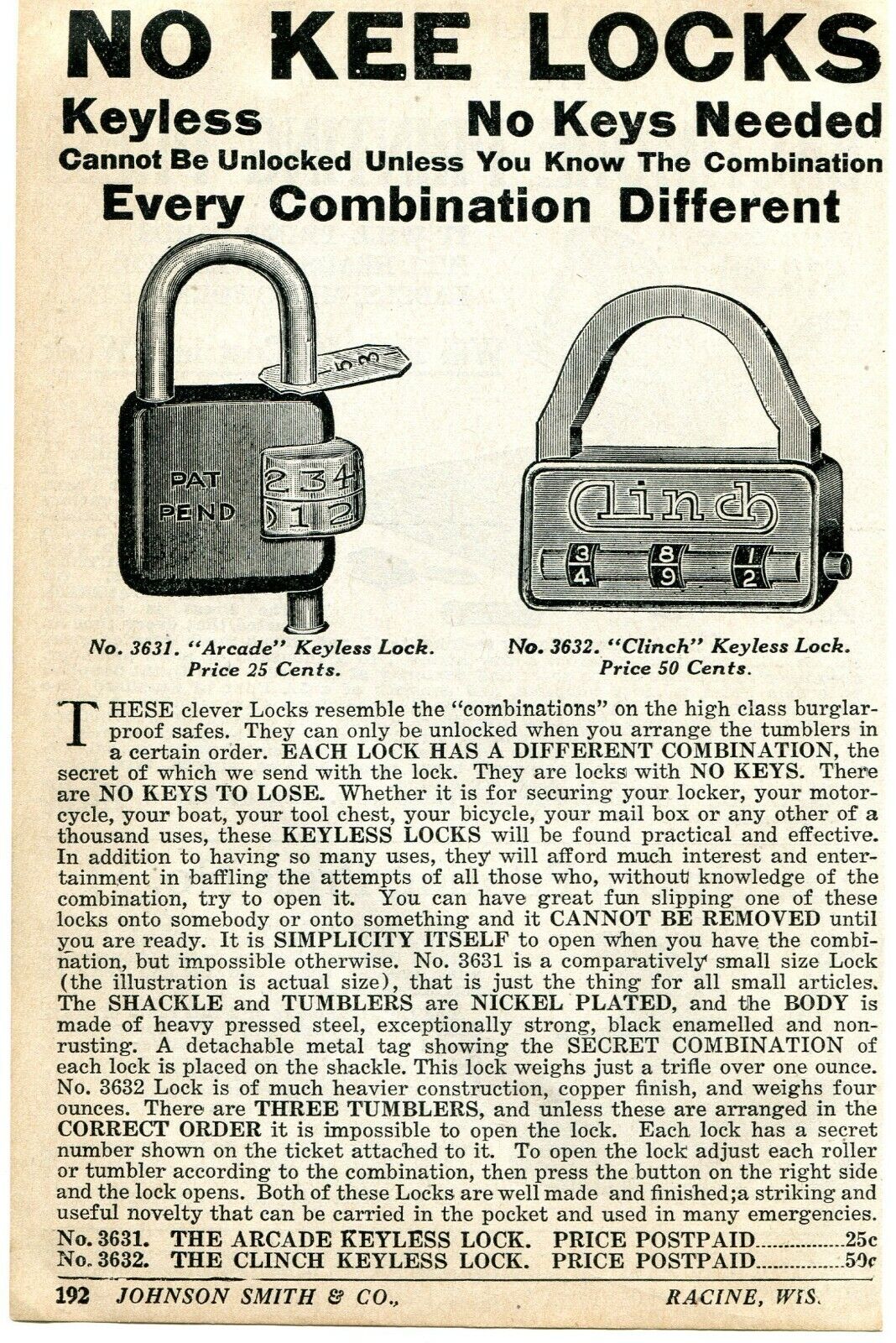 1926 small Print Ad of Arcade & Clinch Keyless No Kee Combination Locks