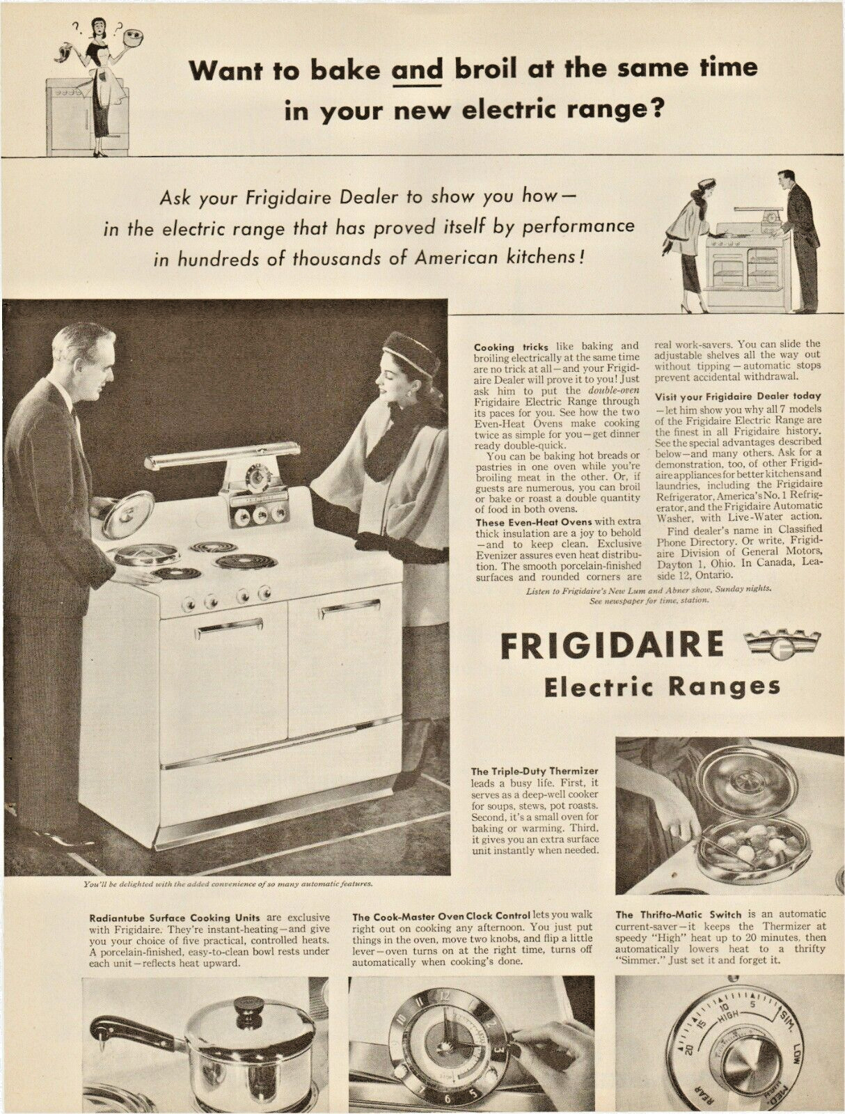 1949 Frigidaire Electric Ranges Oven Clock Control Bake & Broil Vintage Print Ad