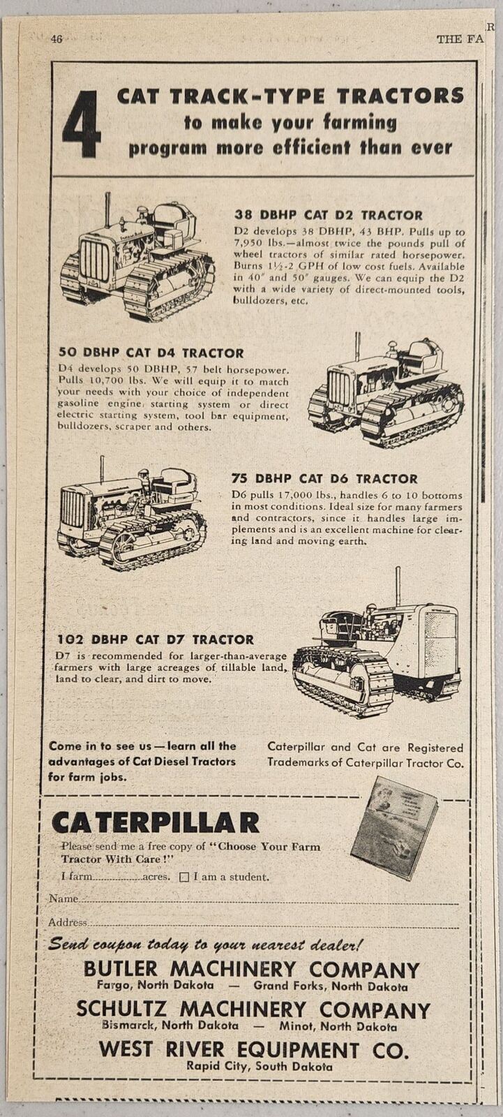1956 Print Ad Caterpillar CAT D2,D4,D6 & D7 Diesel Crawler Tractors 