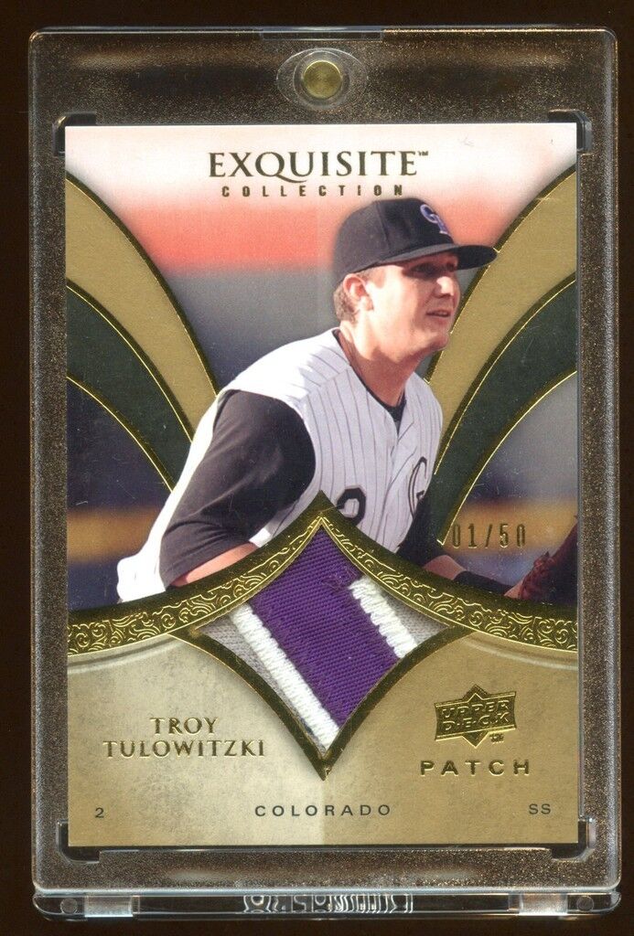 2010 EXQUISITE TROY TULOWITZKI GOLD #D 01/50 PATCH LOGO GAME WORN 3 COLOR  RARE