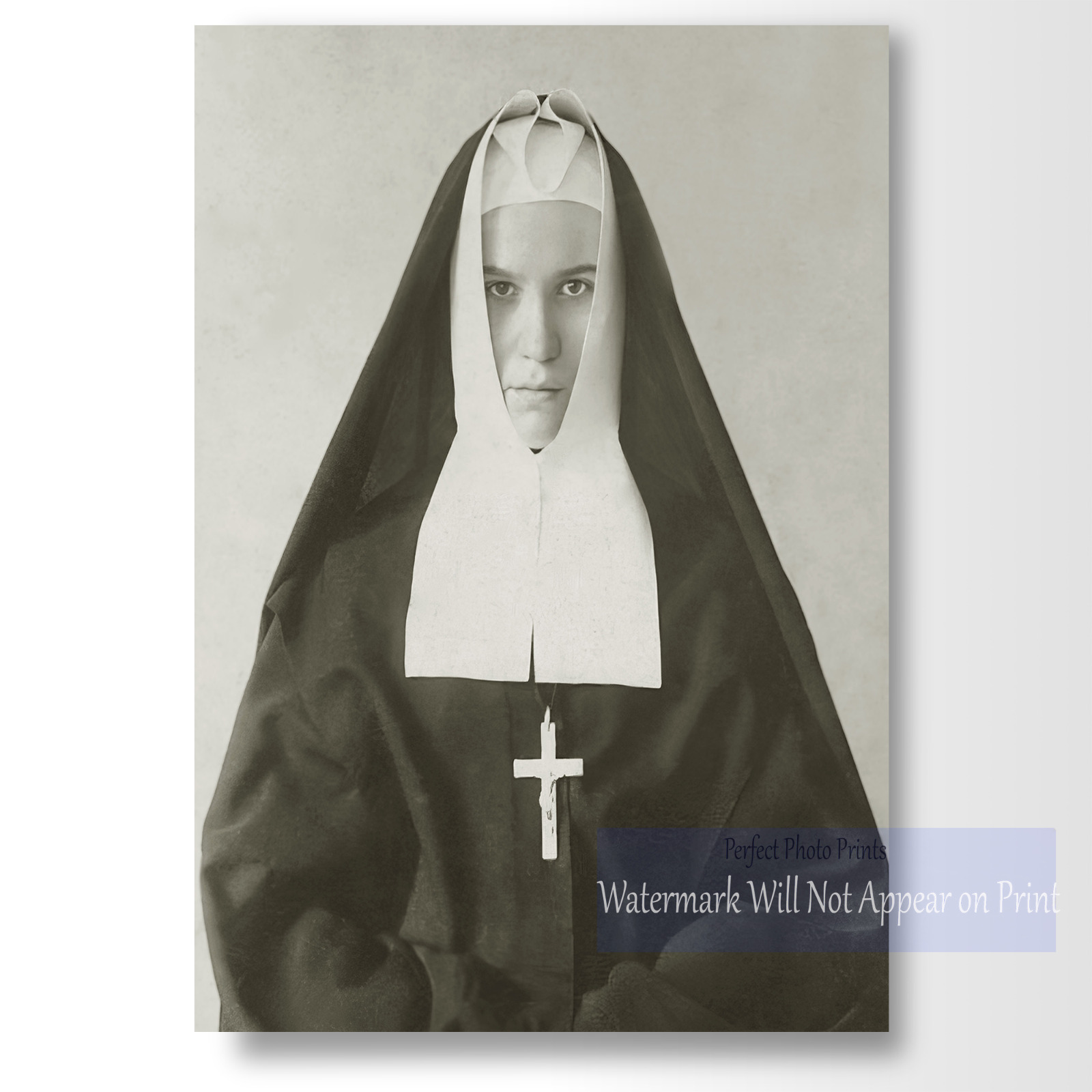 Early 1900's Gothic Nun with Crucifix , Religious Vintage Photo Print