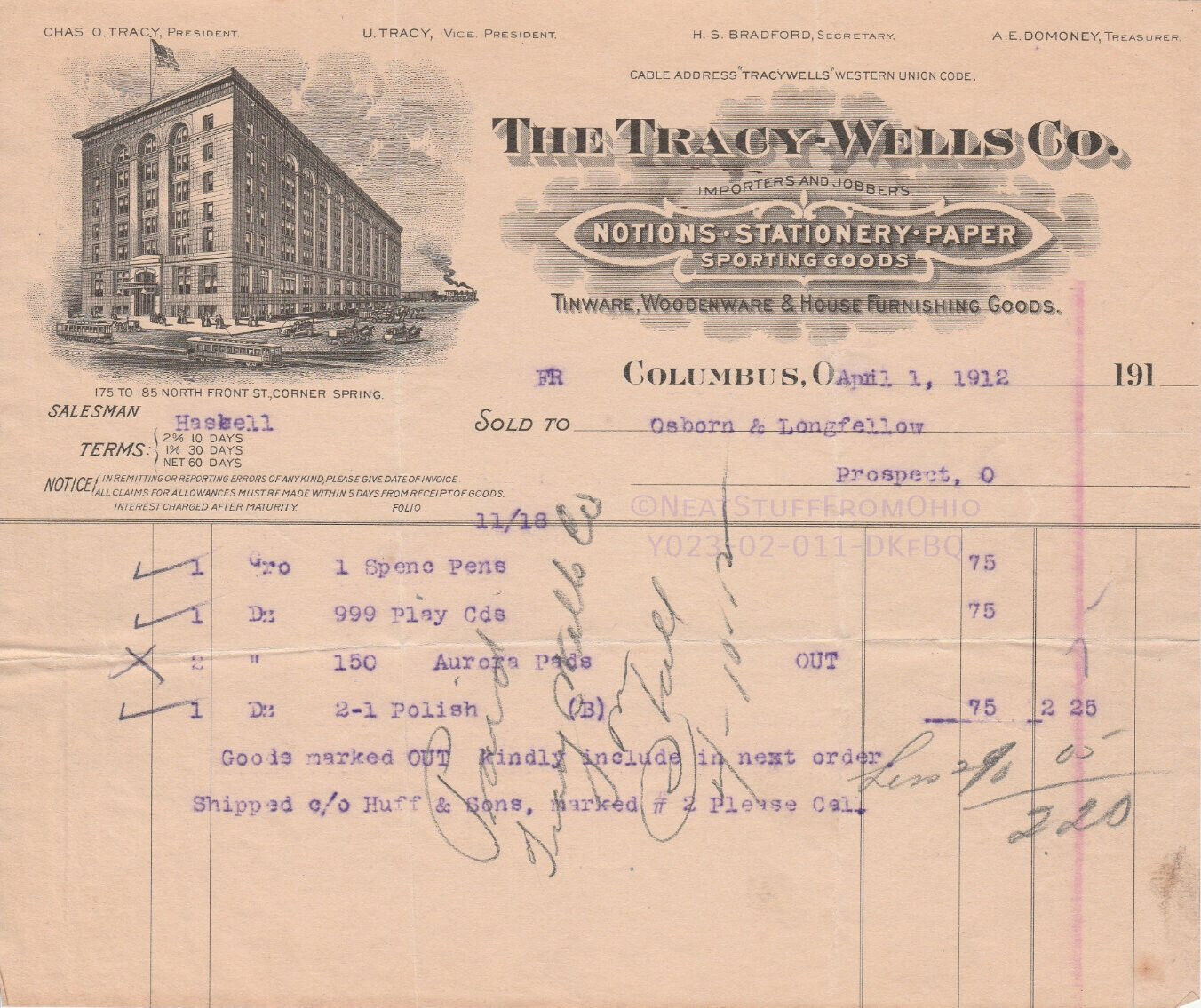 TRACY-WELLS CO., COLUMBUS, OH (APRIL 1912) OSBORN & LONGFELLOW, PROSPECT, OH 👈