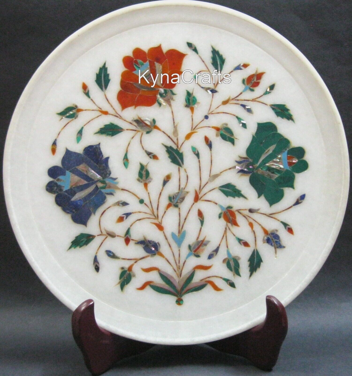 12 Inches Marble Plate Semi Precious Gemstone Inlay Work Handmade Plate for Home