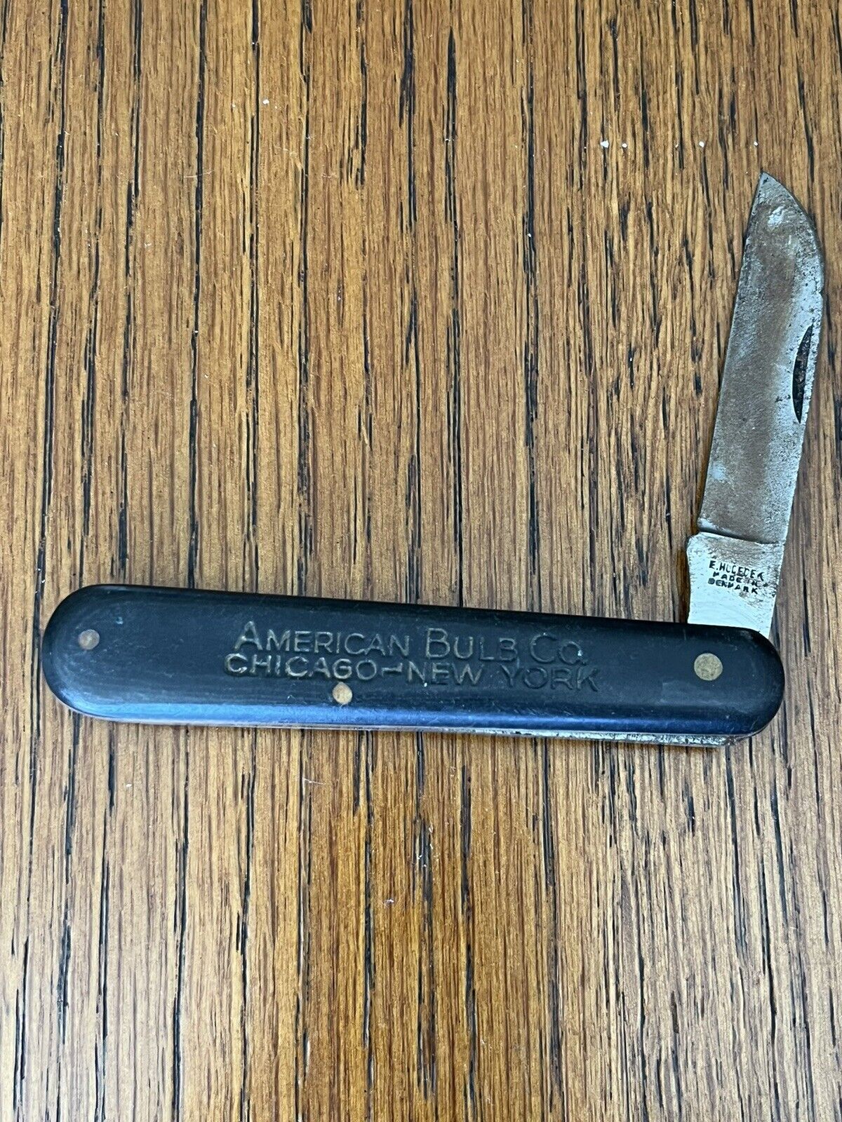 Advertising Vintage Pocket Knife Blade Made In Denmark 3” Blade American Bulb CO