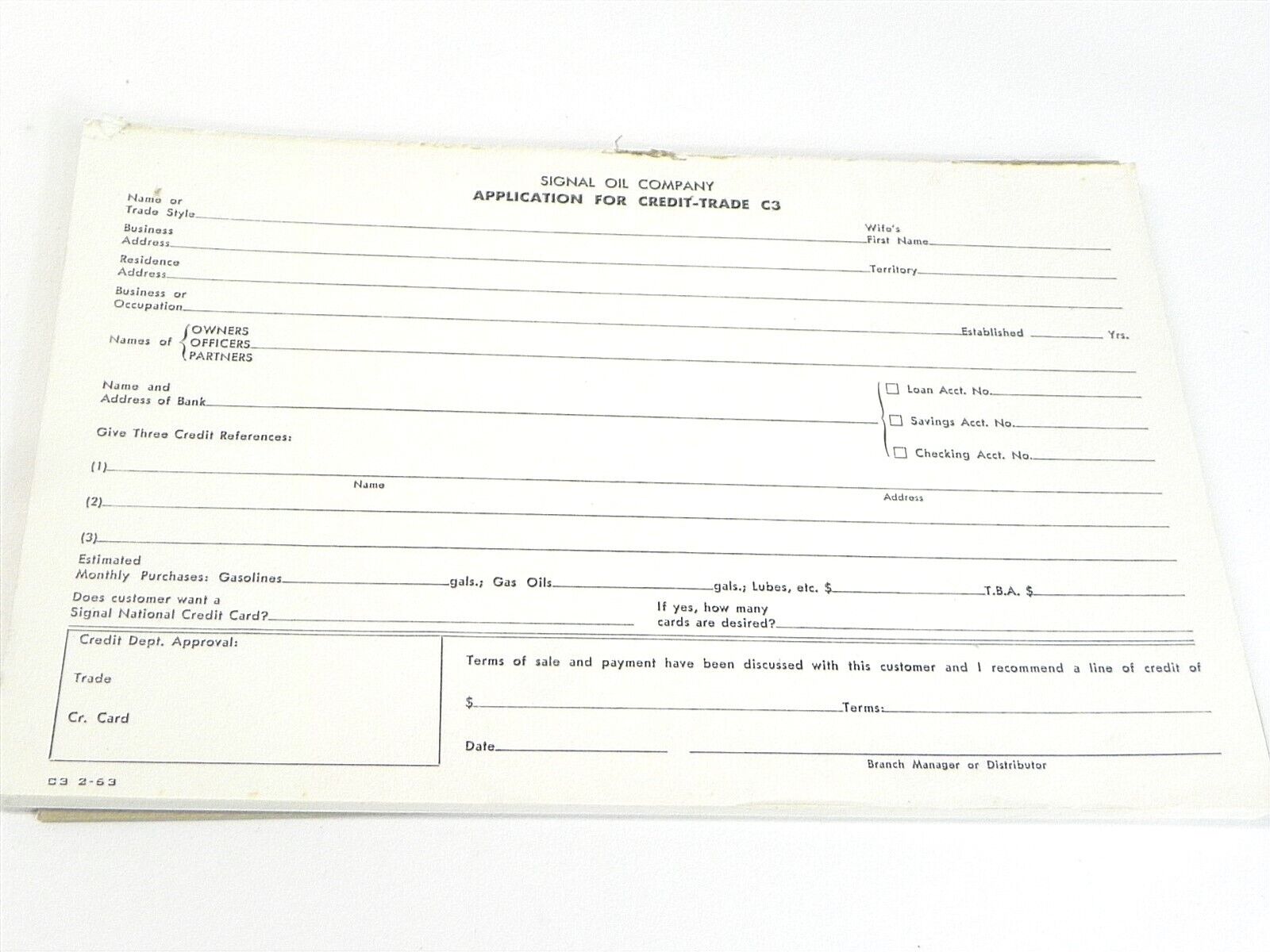 Vintage 1963 Signal Oil Company Application For Credit-Trade #C3 50 Sheets 