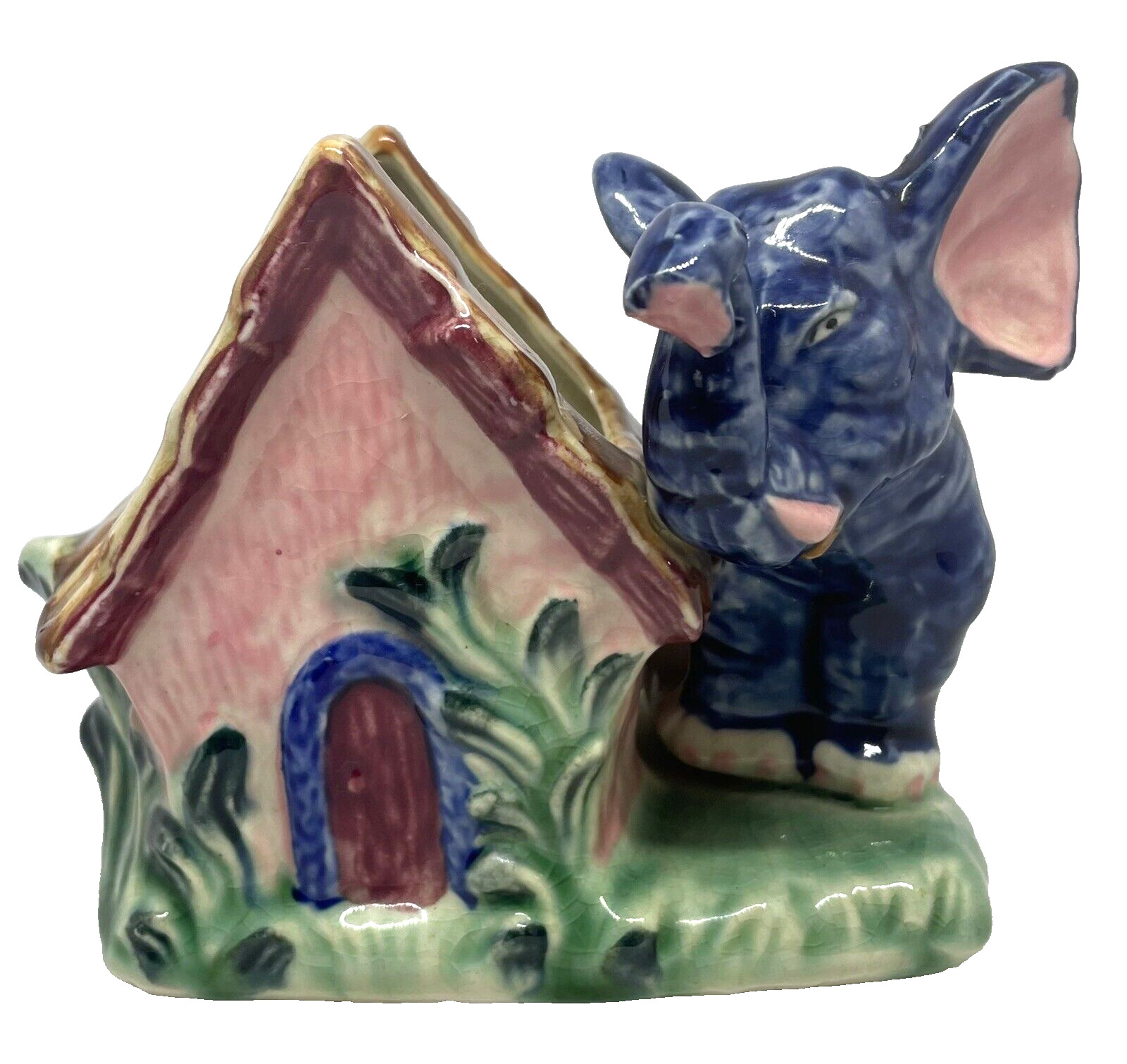 VINTAGE ENESCO SMALL BLUE ELEPHANT BY PINK COTTAGE CERAMIC PLANTER