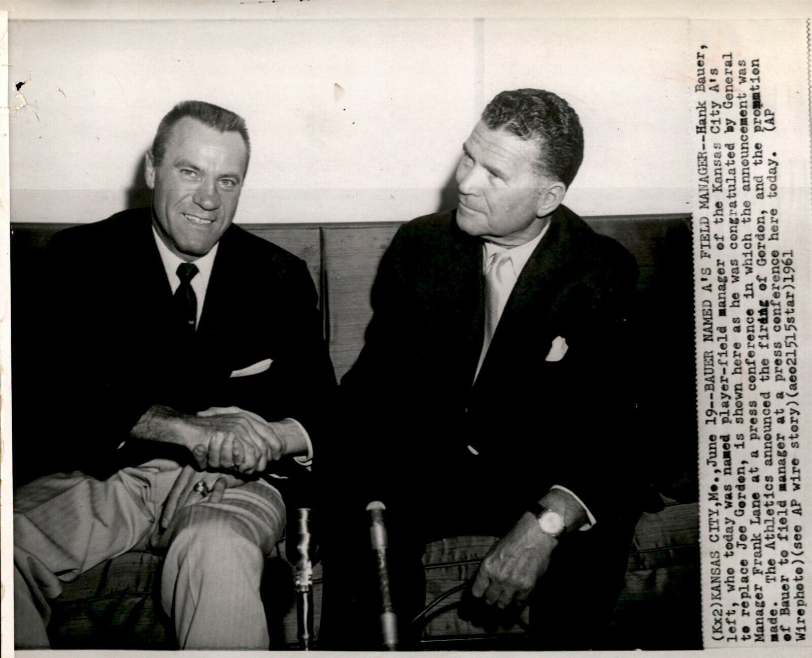 LG910 1961 Wire Photo HANK BAUER NAMED KANSAS CITY A\'S FIELD MANAGER FRANK LANE