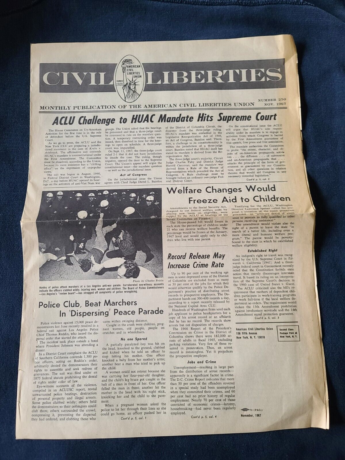 Vintage November 1967 Civil Liberties Paper ALCU HUAC Welfare Black Freedom