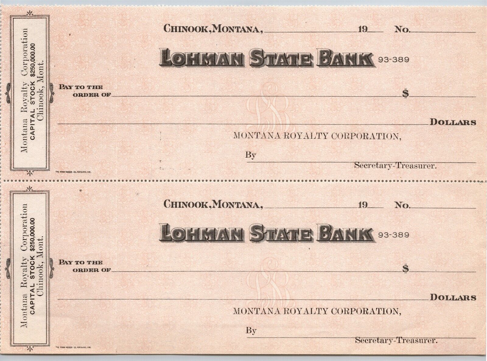 Chinook Montana Royalty Corporation (Oil) Lohman State Bank Check Sheet 1900\'s