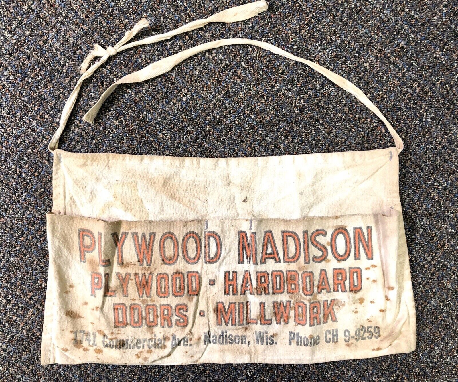 Vtg Antique PLYWOOD Madison Wisconsin Canvas Advertising Tool Apron Bag Belt