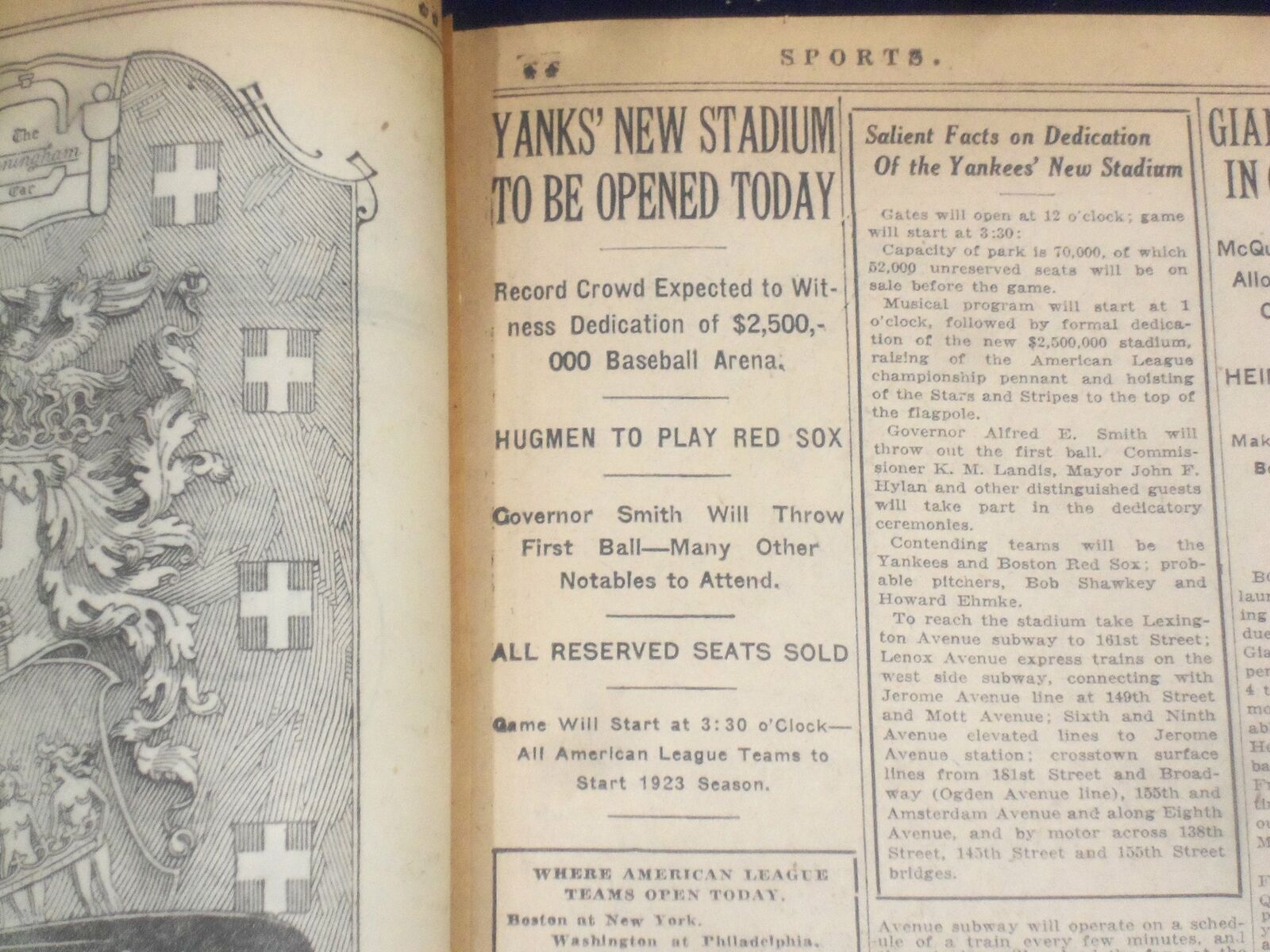 1923 APRIL 18 NEW YORK TIMES - YANKEES NEW STADIUM TO BE OPENED TODAY - NT 8358