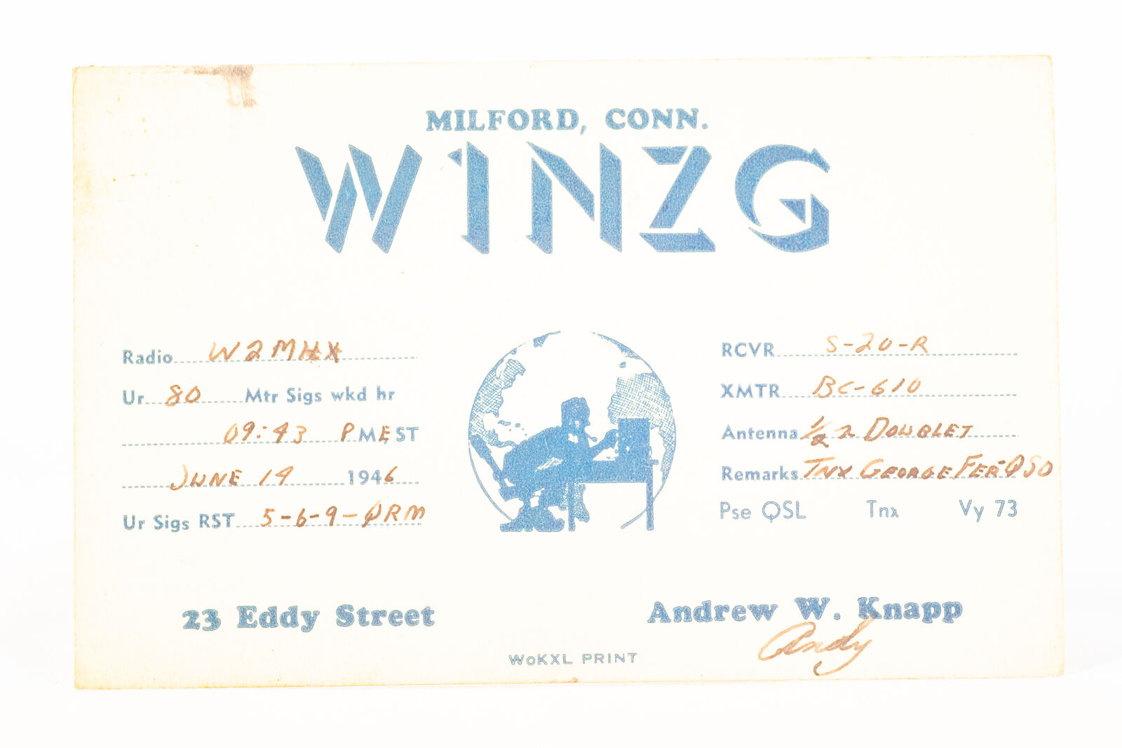 1946 Amateur Ham Radio QSL Card Milford Conn W1NZG Andrew Knapp