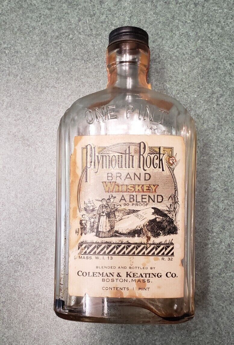 1930s Plymouth Rock Boston Whiskey Art Deco Bottle with Label and Tax Stamp