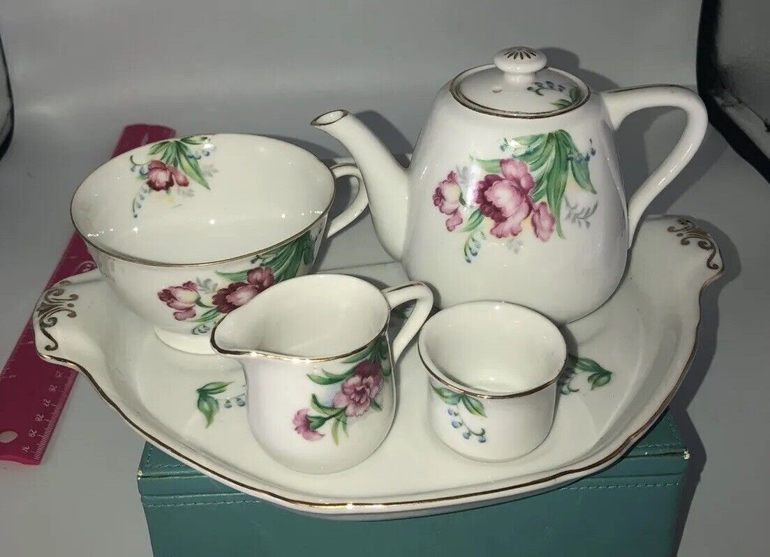 Porcelain Occupied Japan Vintage Individual Tea Set With Tray Roses Rare Nice